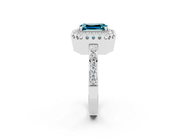 Silver Emerald Cut Blue Topaz Halo Ring with Pavé Band and Prong Setting