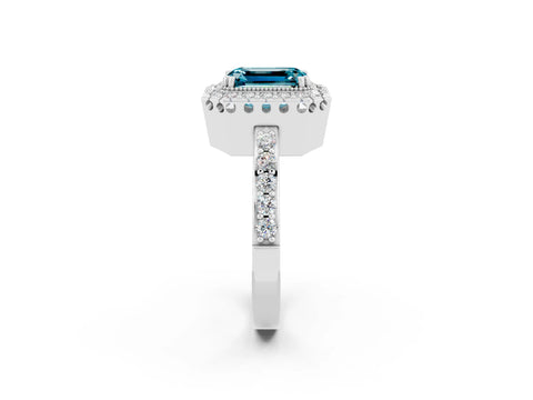 White gold Emerald Cut Blue Topaz Halo Ring with Pavé Band and Prong Setting_2
