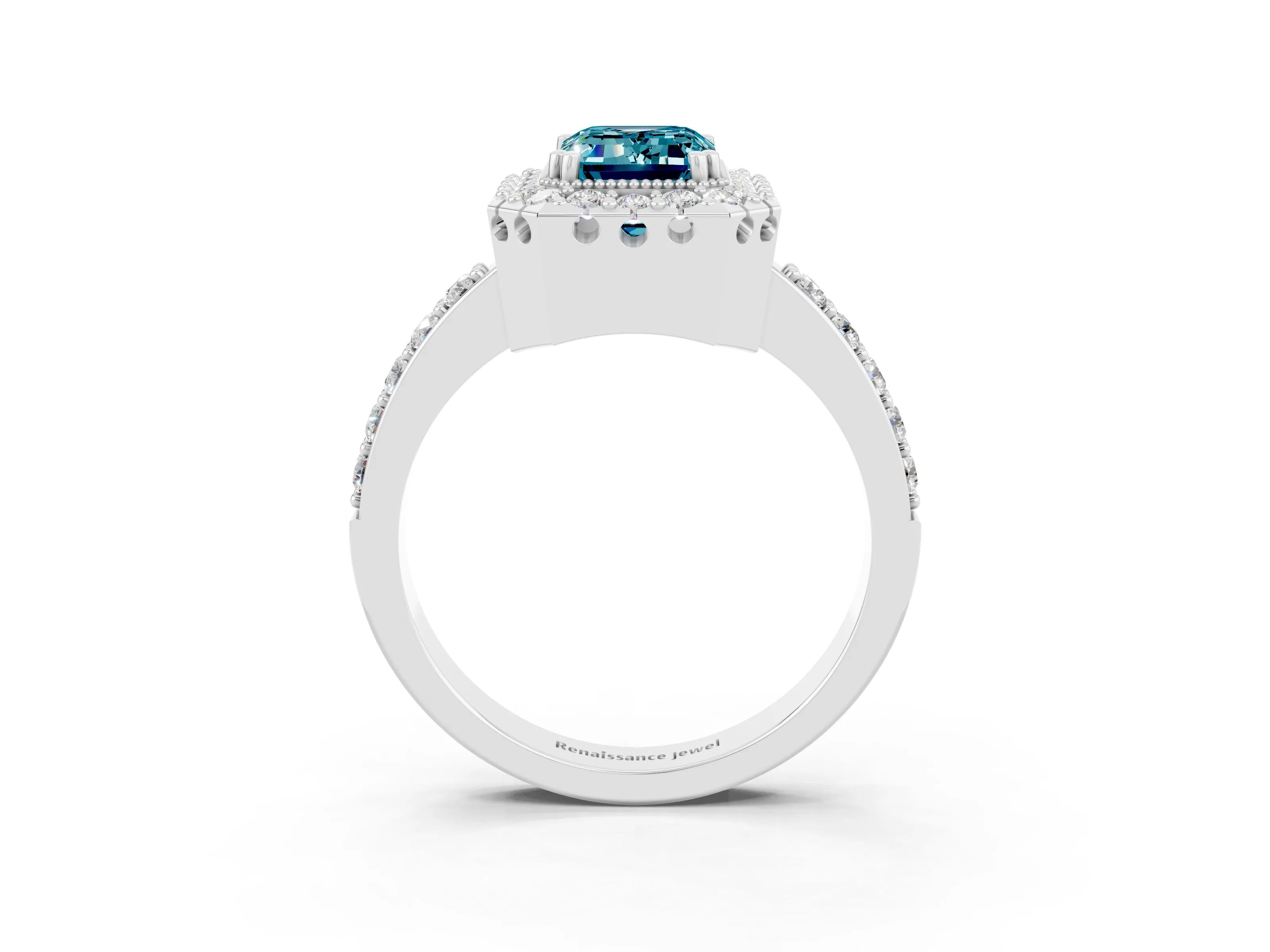 White gold Emerald Cut Blue Topaz Halo Ring with Pavé Band and Prong Setting_3