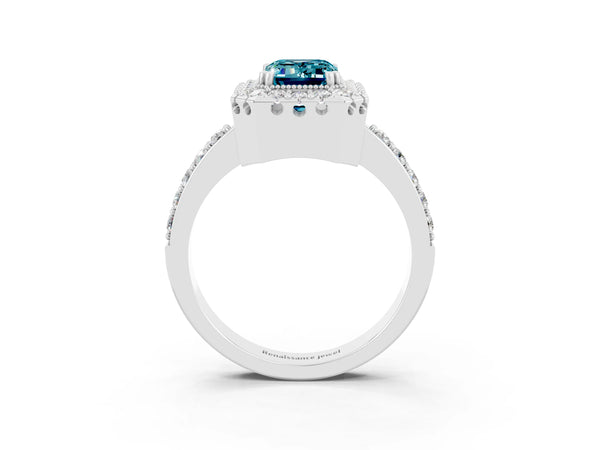Platinum Emerald Cut Blue Topaz Halo Ring with Pavé Band and Prong Setting