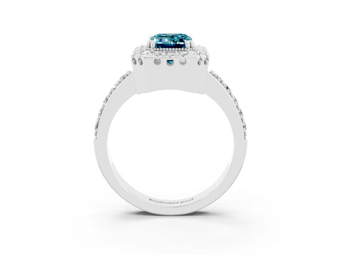 White gold Emerald Cut Blue Topaz Halo Ring with Pavé Band and Prong Setting_3