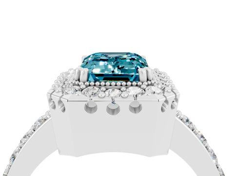 White gold Emerald Cut Blue Topaz Halo Ring with Pavé Band and Prong Setting_4