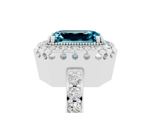 White gold Emerald Cut Blue Topaz Halo Ring with Pavé Band and Prong Setting_5
