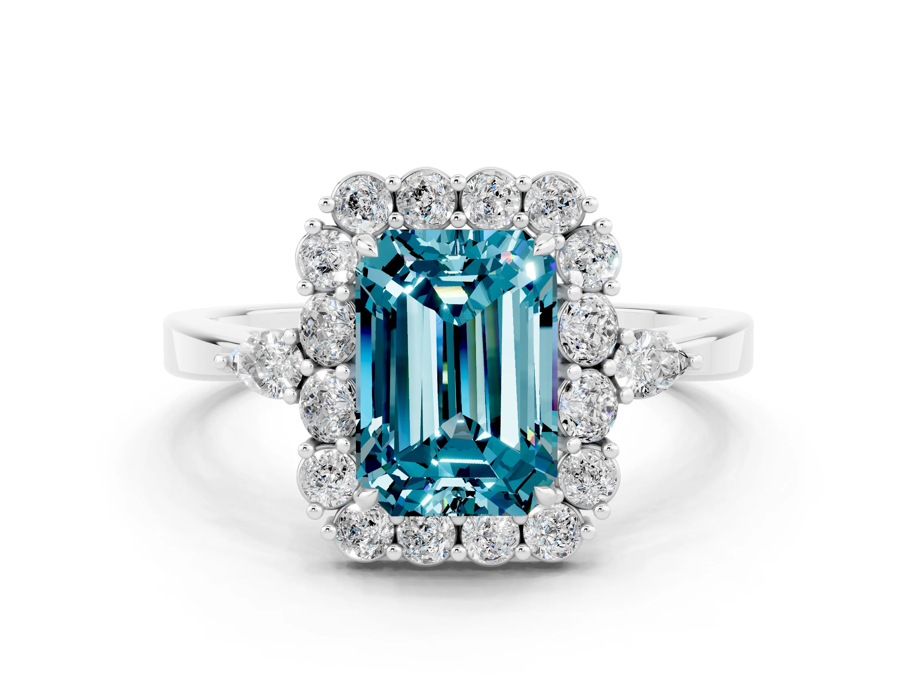 White gold Emerald Cut Blue Topaz Halo Ring with Pear Side Stones and Prong Setting_24