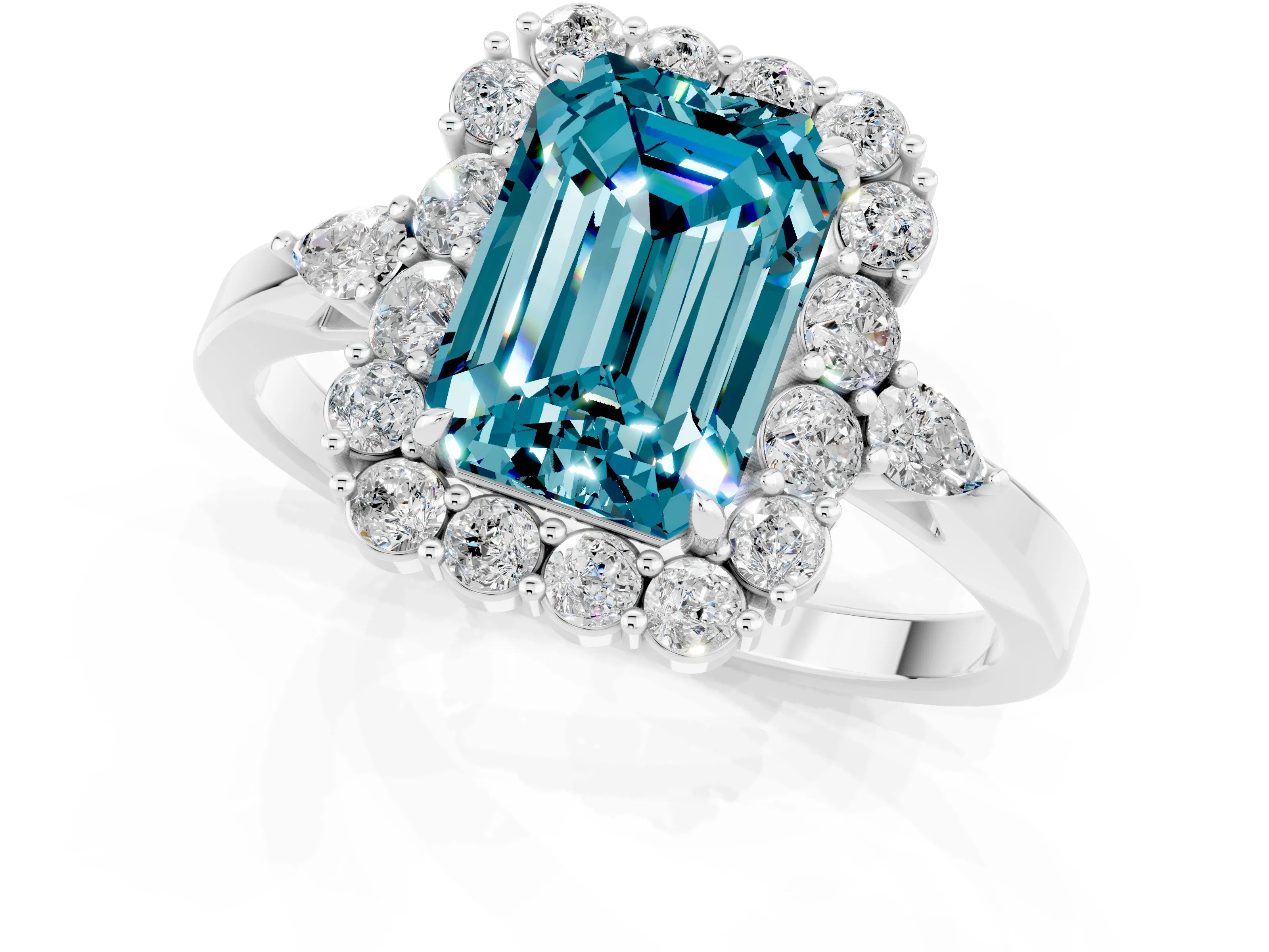 White gold Emerald Cut Blue Topaz Halo Ring with Pear Side Stones and Prong Setting_25