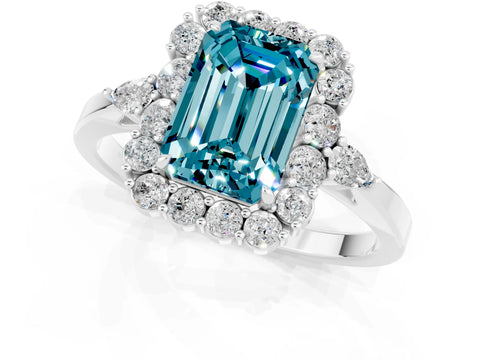 White gold Emerald Cut Blue Topaz Halo Ring with Pear Side Stones and Prong Setting_25