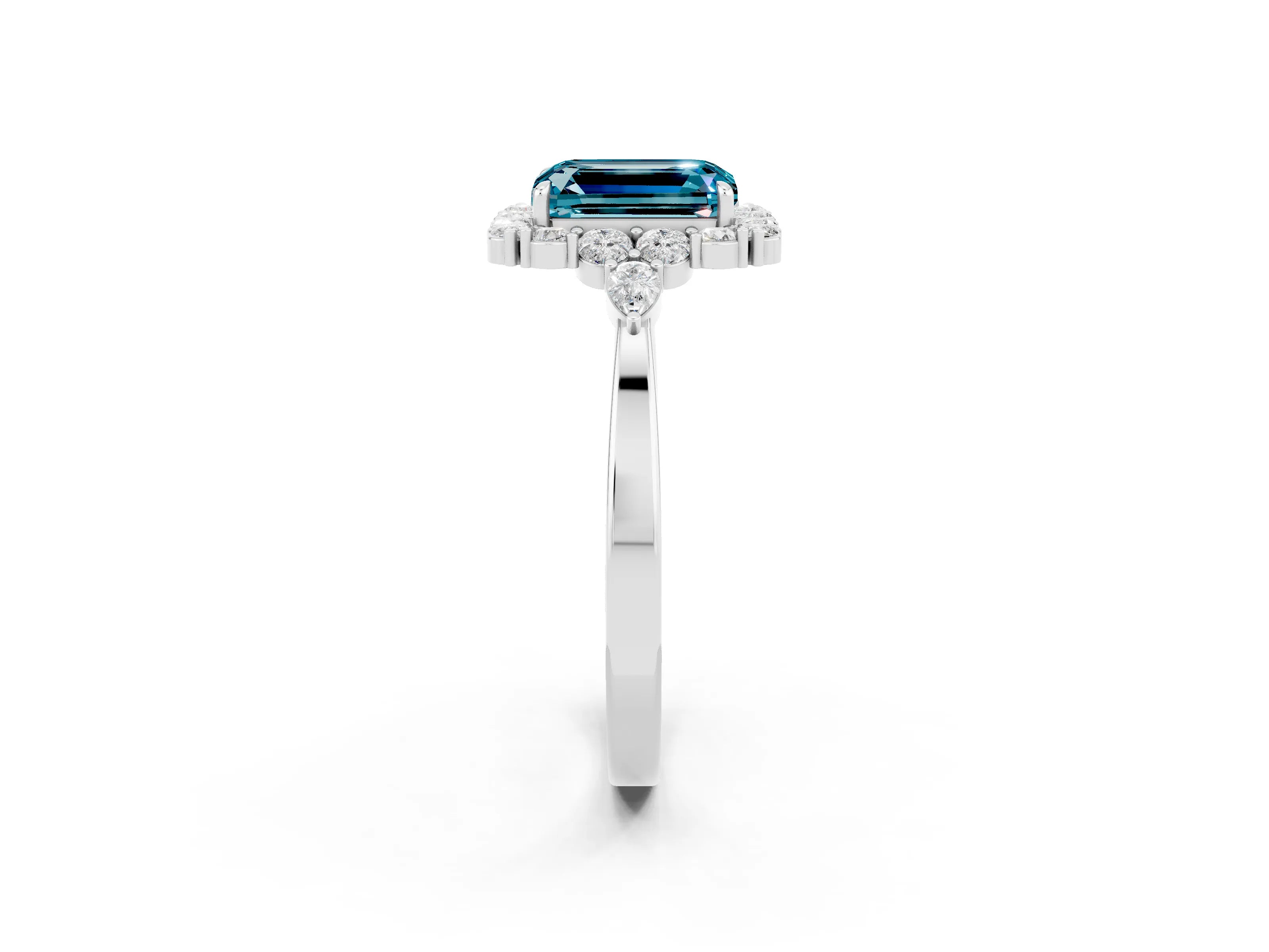 White gold Emerald Cut Blue Topaz Halo Ring with Pear Side Stones and Prong Setting_26
