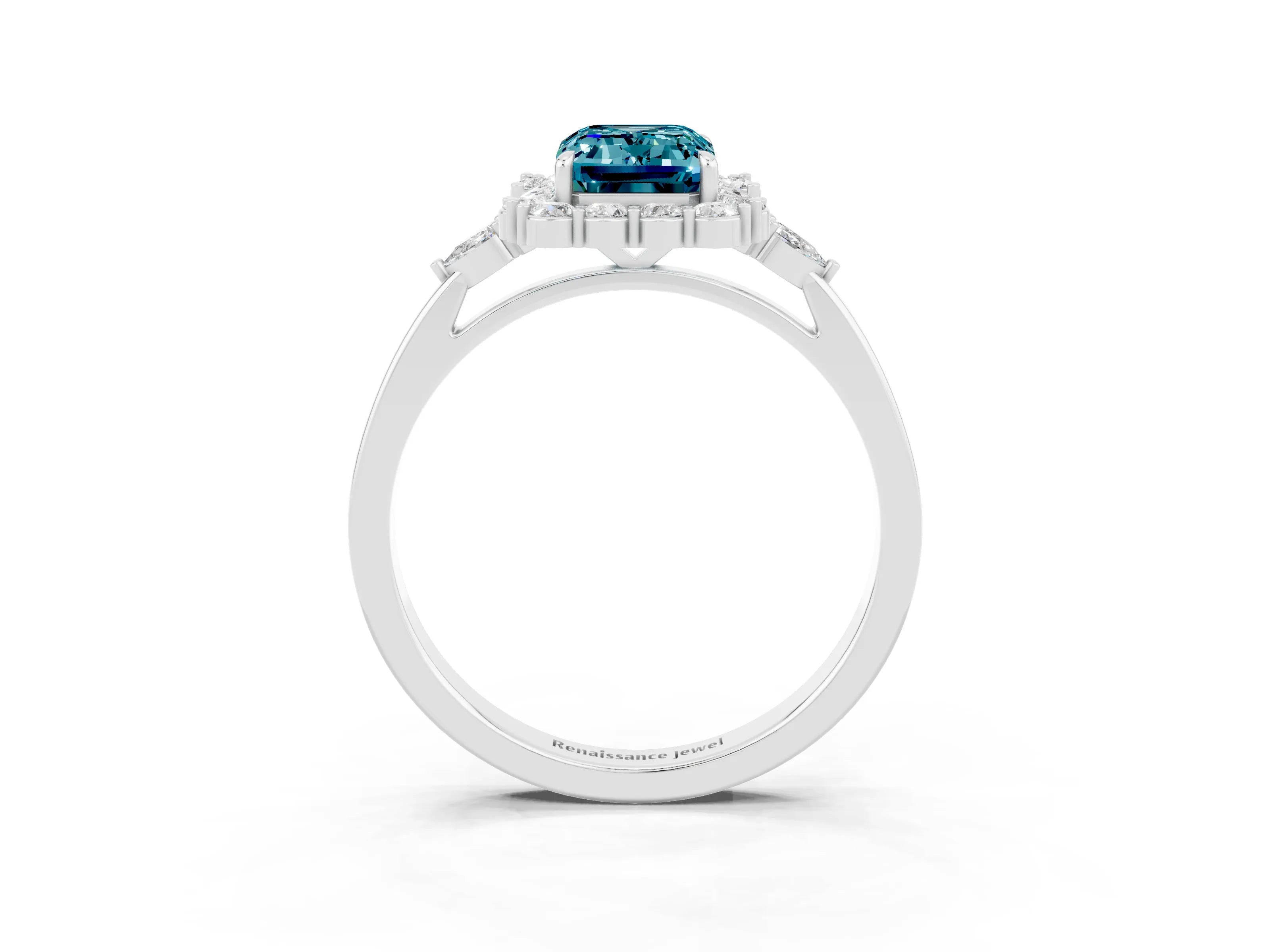 White gold Emerald Cut Blue Topaz Halo Ring with Pear Side Stones and Prong Setting_27