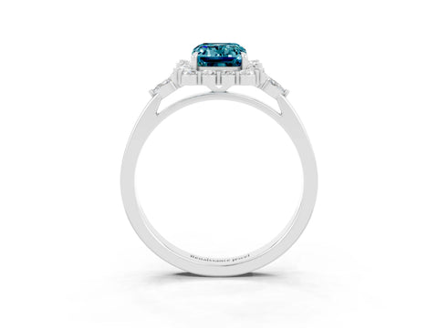 White gold Emerald Cut Blue Topaz Halo Ring with Pear Side Stones and Prong Setting_27