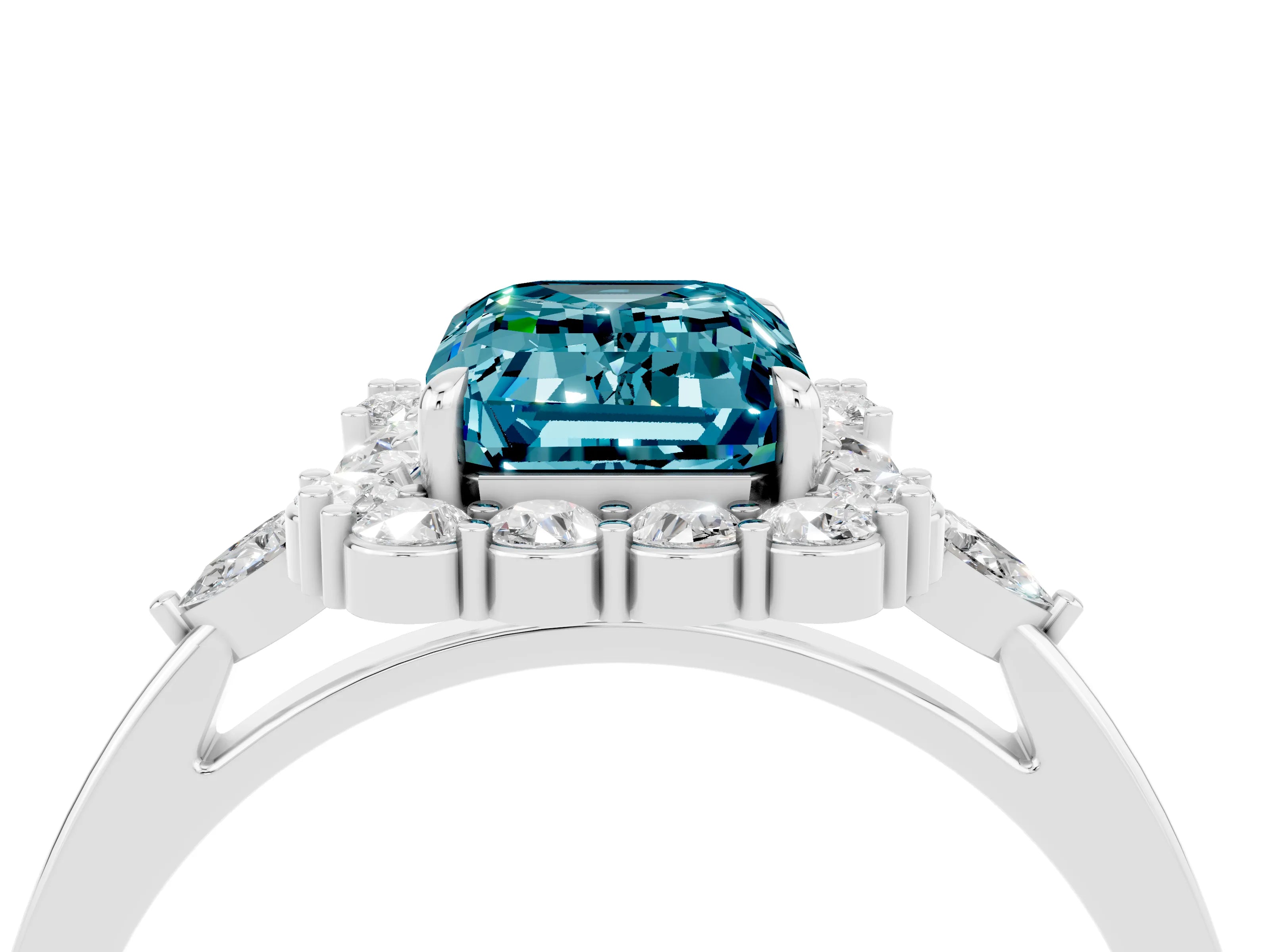 White gold Emerald Cut Blue Topaz Halo Ring with Pear Side Stones and Prong Setting_28