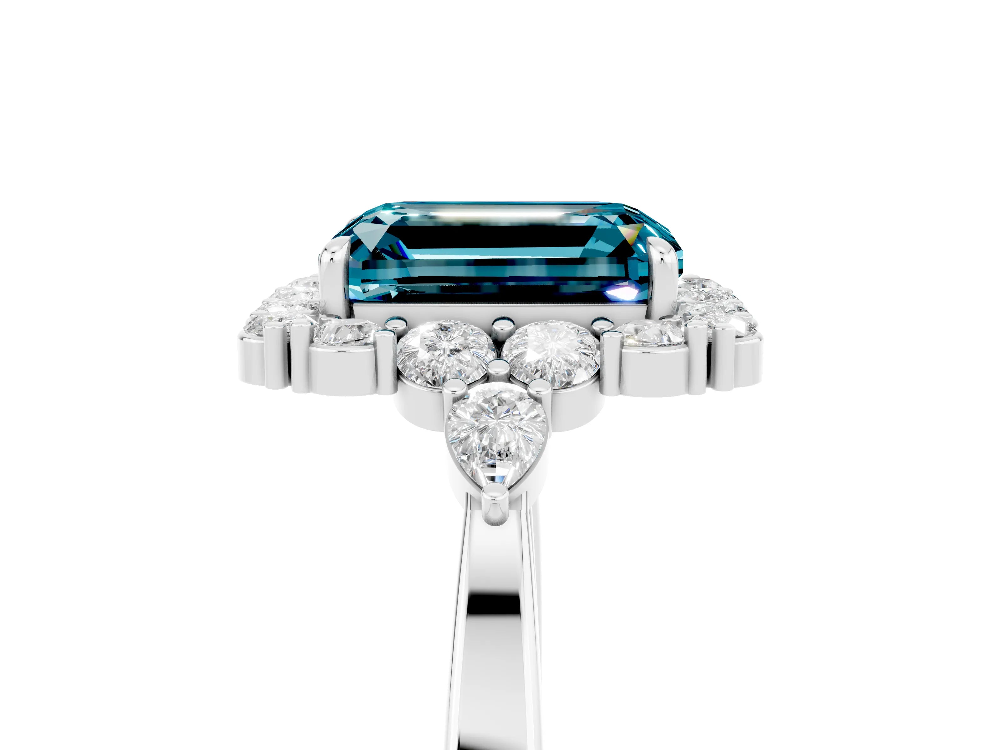 White gold Emerald Cut Blue Topaz Halo Ring with Pear Side Stones and Prong Setting_29
