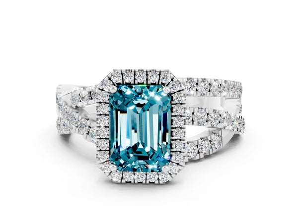 Platinum Emerald Cut Blue Topaz Halo Ring with Round Split Shank and Prong Setting