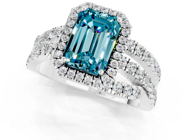 White gold Emerald Cut Blue Topaz Halo Ring with Round Split Shank and Prong Setting