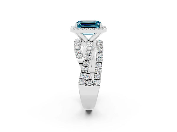 Platinum Emerald Cut Blue Topaz Halo Ring with Round Split Shank and Prong Setting