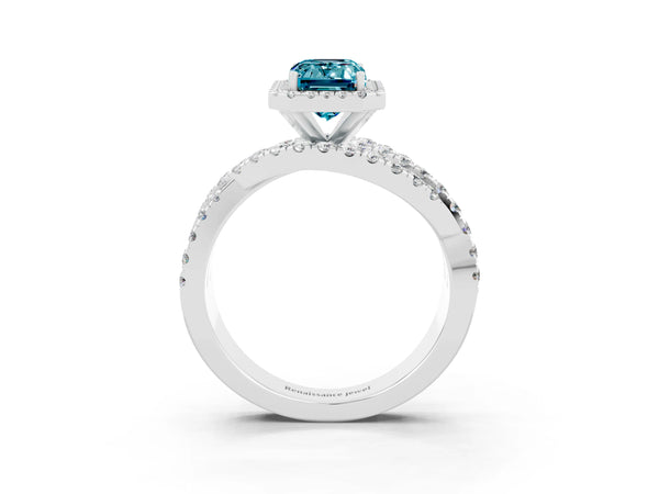 White gold Emerald Cut Blue Topaz Halo Ring with Round Split Shank and Prong Setting