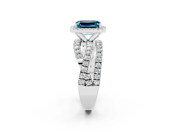 Platinum Emerald Cut Blue Topaz Halo Ring with Round Split Shank and Prong Setting