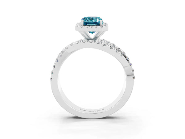Platinum Emerald Cut Blue Topaz Halo Ring with Round Split Shank and Prong Setting