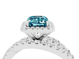 White gold Emerald Cut Blue Topaz Halo Ring with Round Split Shank and Prong Setting_64