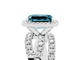 White gold Emerald Cut Blue Topaz Halo Ring with Round Split Shank and Prong Setting_65
