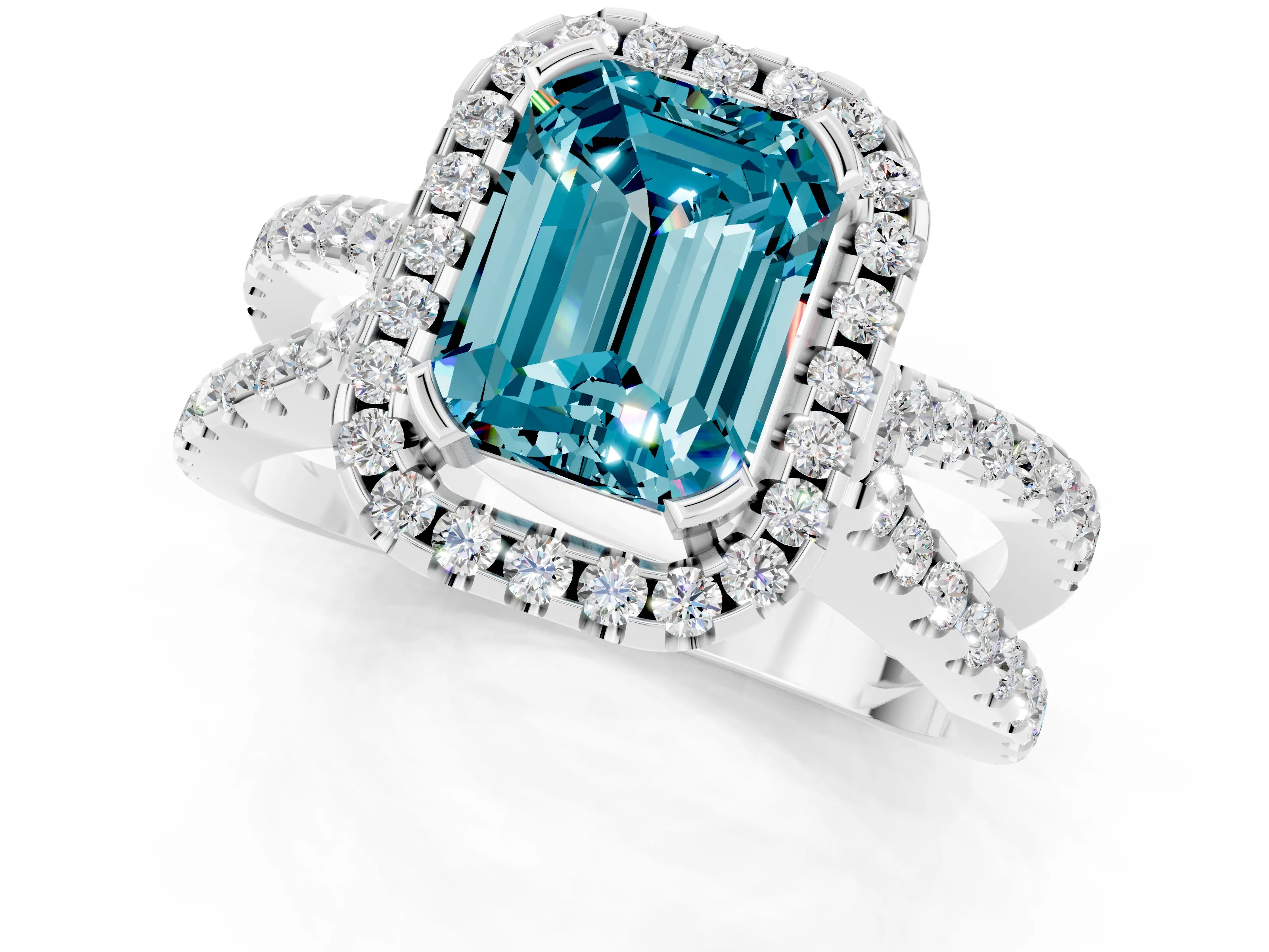 White gold Emerald Cut Blue Topaz Halo Ring with Split Shank Pavé Band and Prong Setting_1