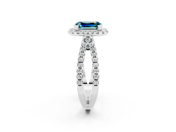 Platinum Emerald Cut Blue Topaz Halo Ring with Split Shank Pavé Band and Prong Setting