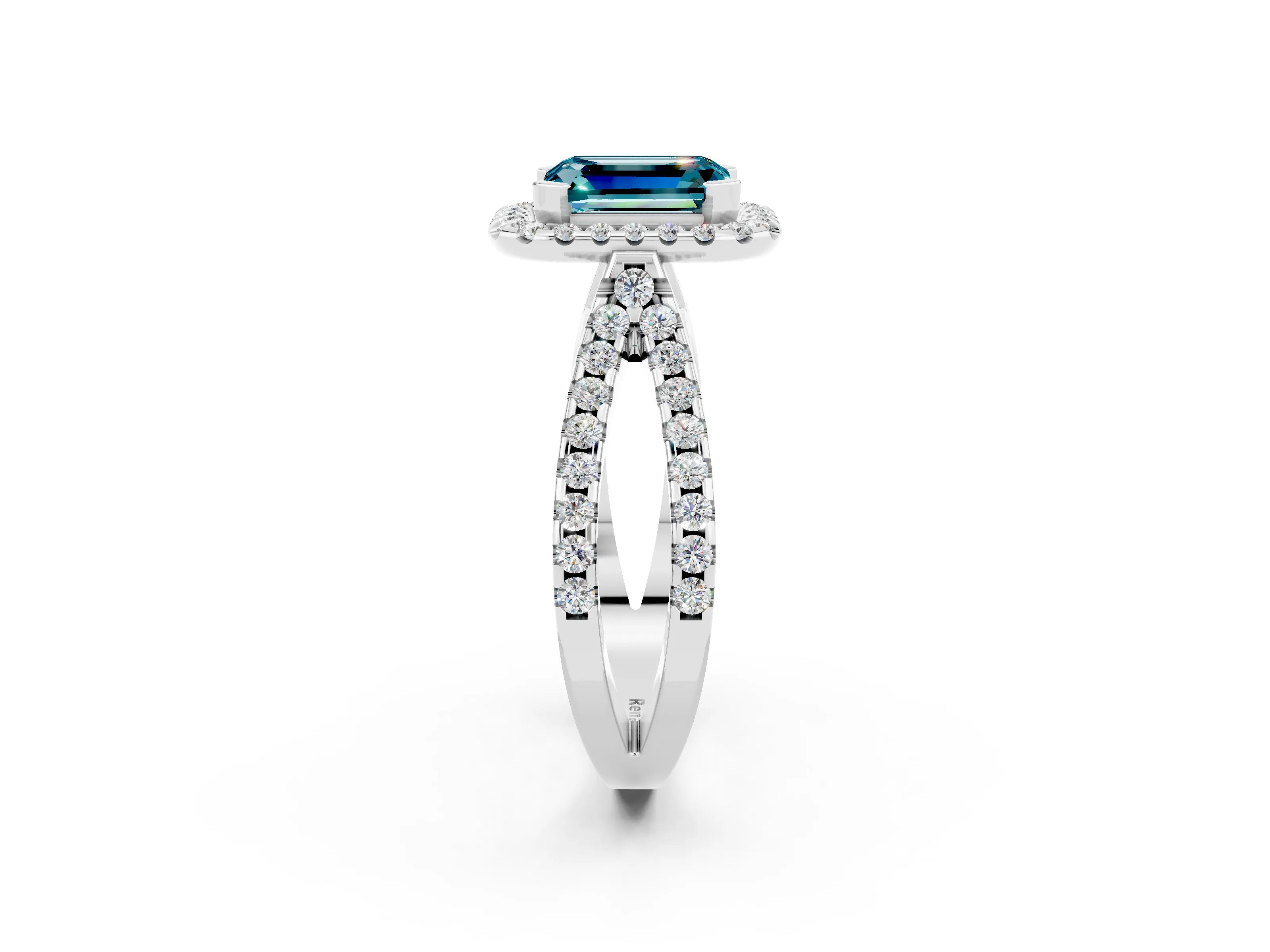 White gold Emerald Cut Blue Topaz Halo Ring with Split Shank Pavé Band and Prong Setting_2