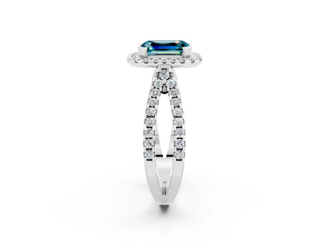 White gold Emerald Cut Blue Topaz Halo Ring with Split Shank Pavé Band and Prong Setting_2