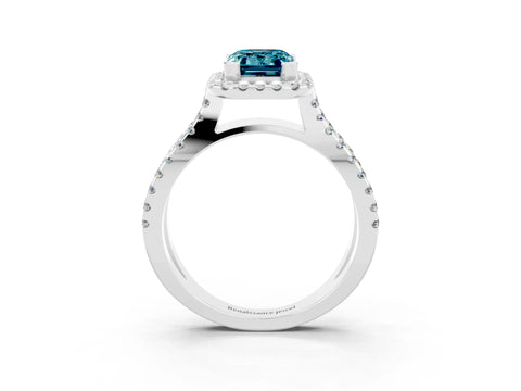 White gold Emerald Cut Blue Topaz Halo Ring with Split Shank Pavé Band and Prong Setting_3