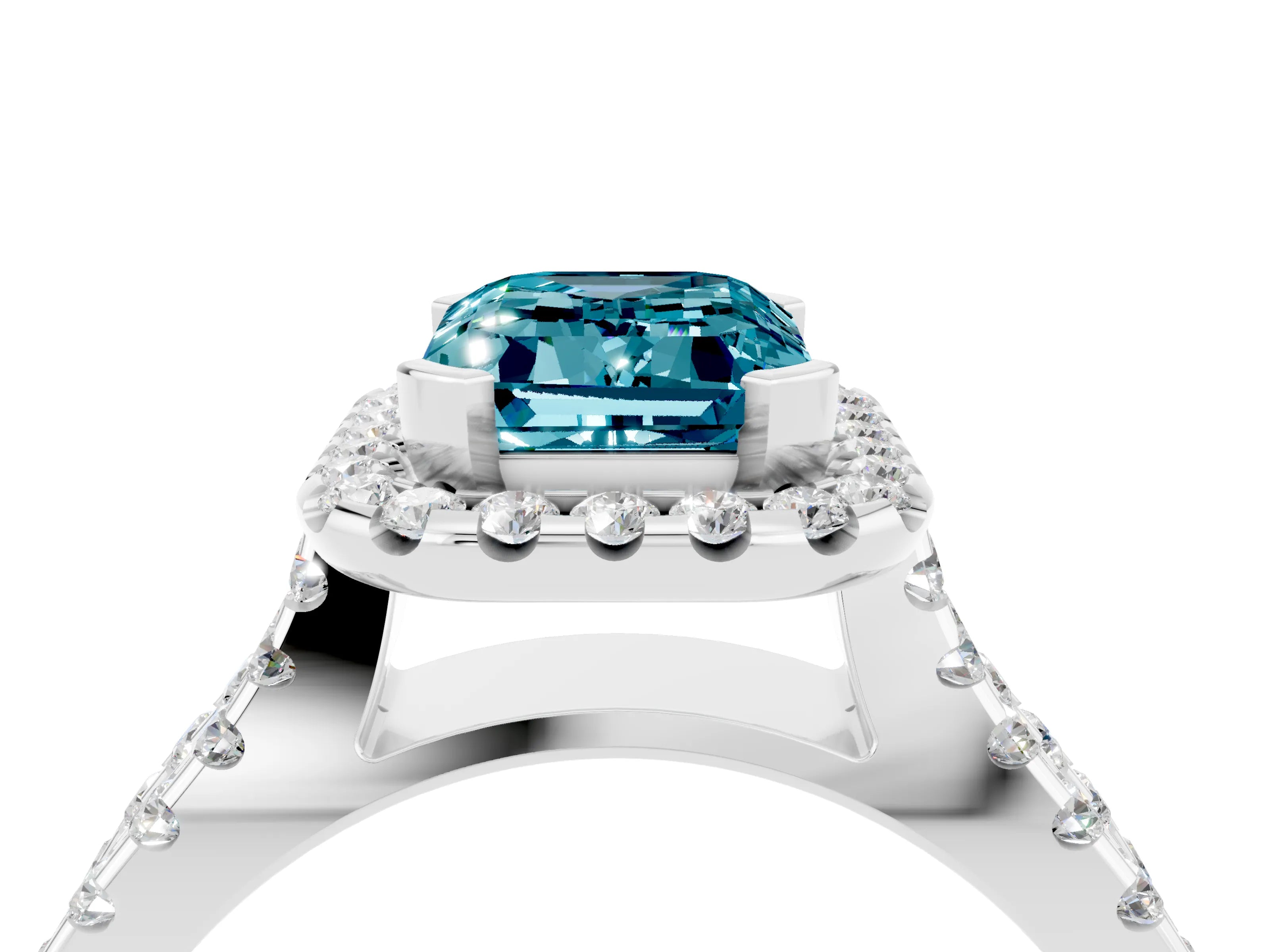 White gold Emerald Cut Blue Topaz Halo Ring with Split Shank Pavé Band and Prong Setting_4