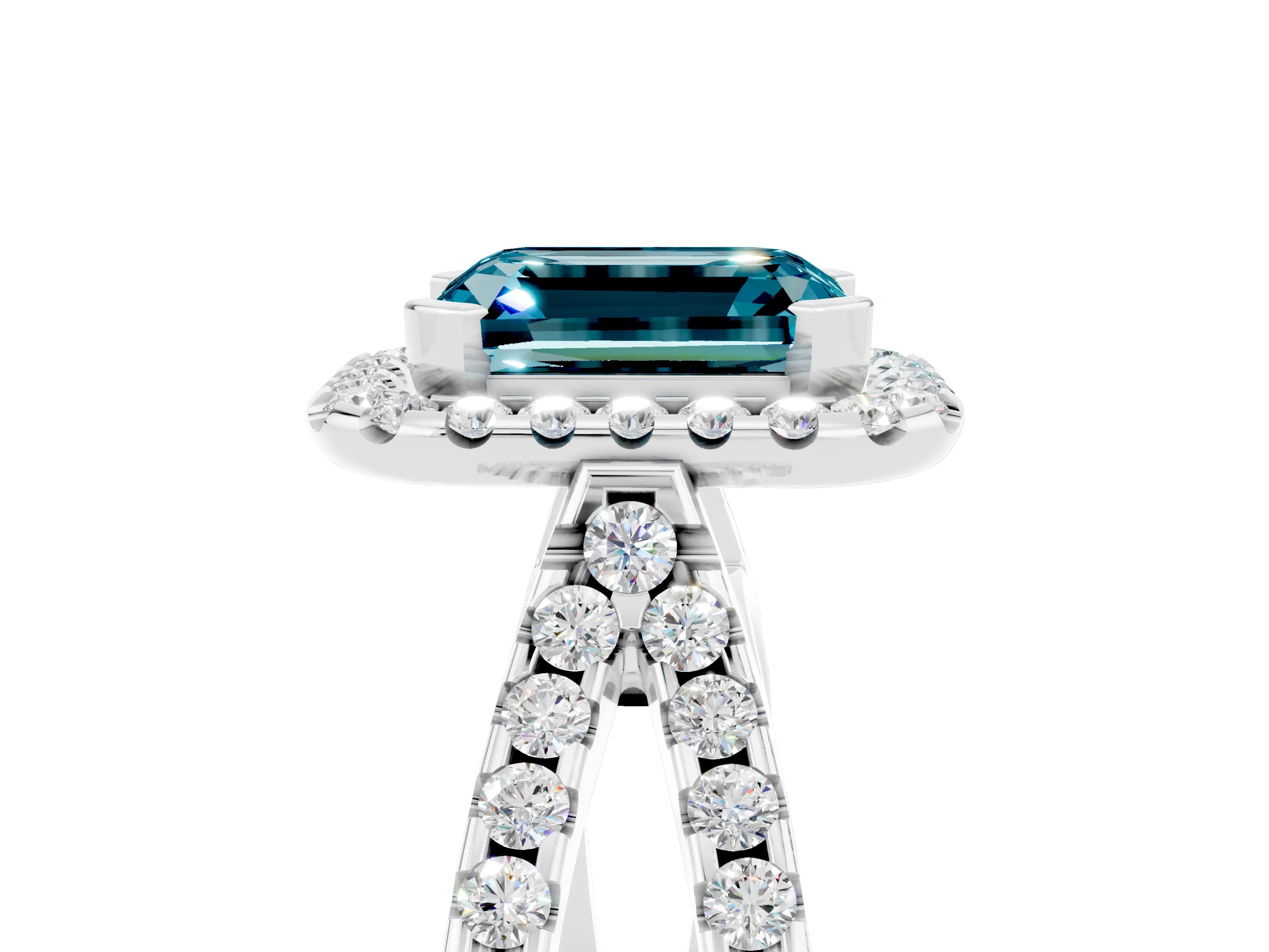 White gold Emerald Cut Blue Topaz Halo Ring with Split Shank Pavé Band and Prong Setting_5
