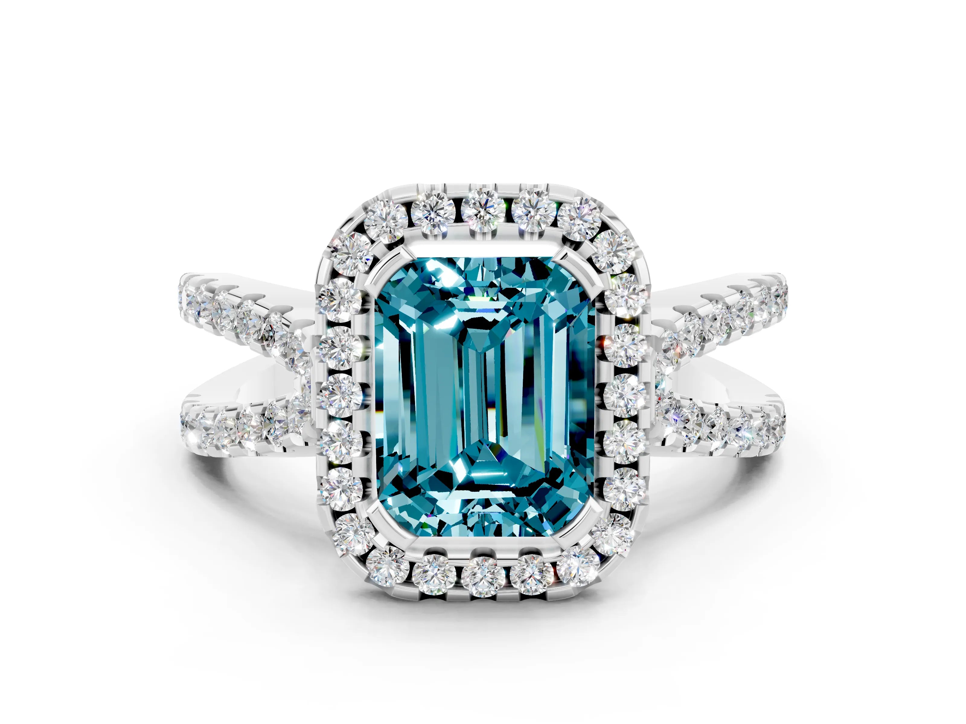 White gold Emerald Cut Blue Topaz Halo Ring with Split Shank Pavé Band and Prong Setting