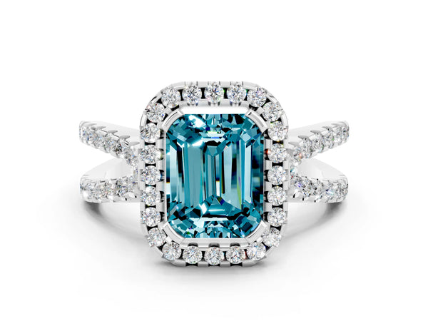 White gold Emerald Cut Blue Topaz Halo Ring with Split Shank Pavé Band and Prong Setting