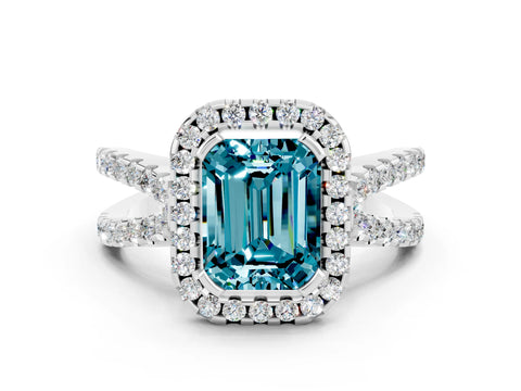 White gold Emerald Cut Blue Topaz Halo Ring with Split Shank Pavé Band and Prong Setting