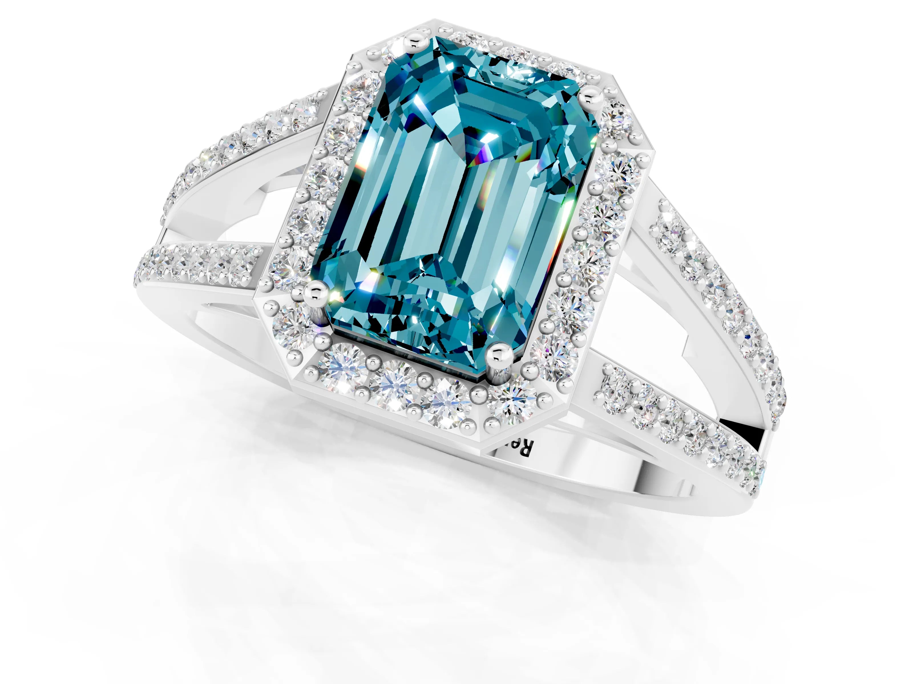 White gold Emerald Cut Blue Topaz Halo Ring with Split Shank U-Prong Band and Four-Prong Setting_1