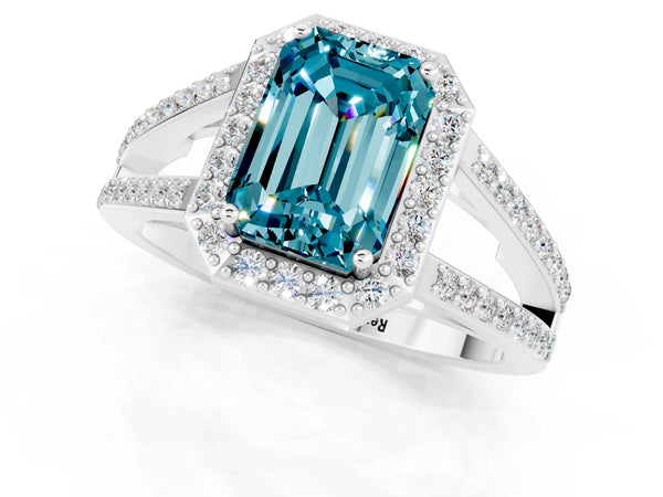 Platinum Emerald Cut Blue Topaz Halo Ring with Split Shank U-Prong Band and Four-Prong Setting