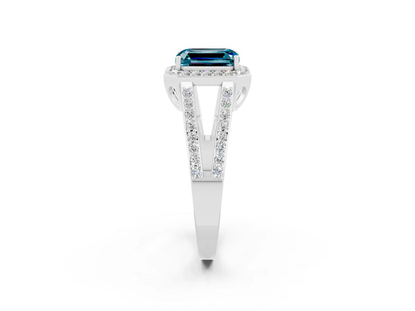 White gold Emerald Cut Blue Topaz Halo Ring with Split Shank U-Prong Band and Four-Prong Setting