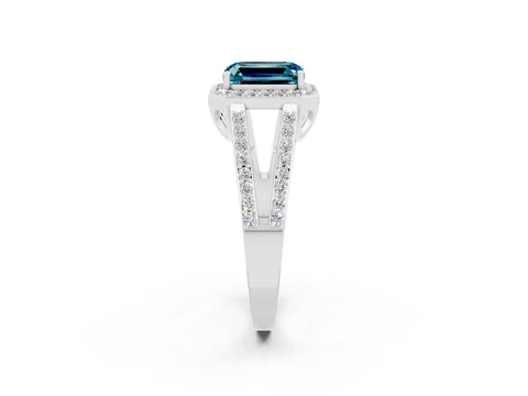 White gold Emerald Cut Blue Topaz Halo Ring with Split Shank U-Prong Band and Four-Prong Setting_2