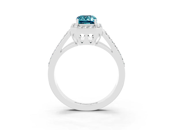 Platinum Emerald Cut Blue Topaz Halo Ring with Split Shank U-Prong Band and Four-Prong Setting