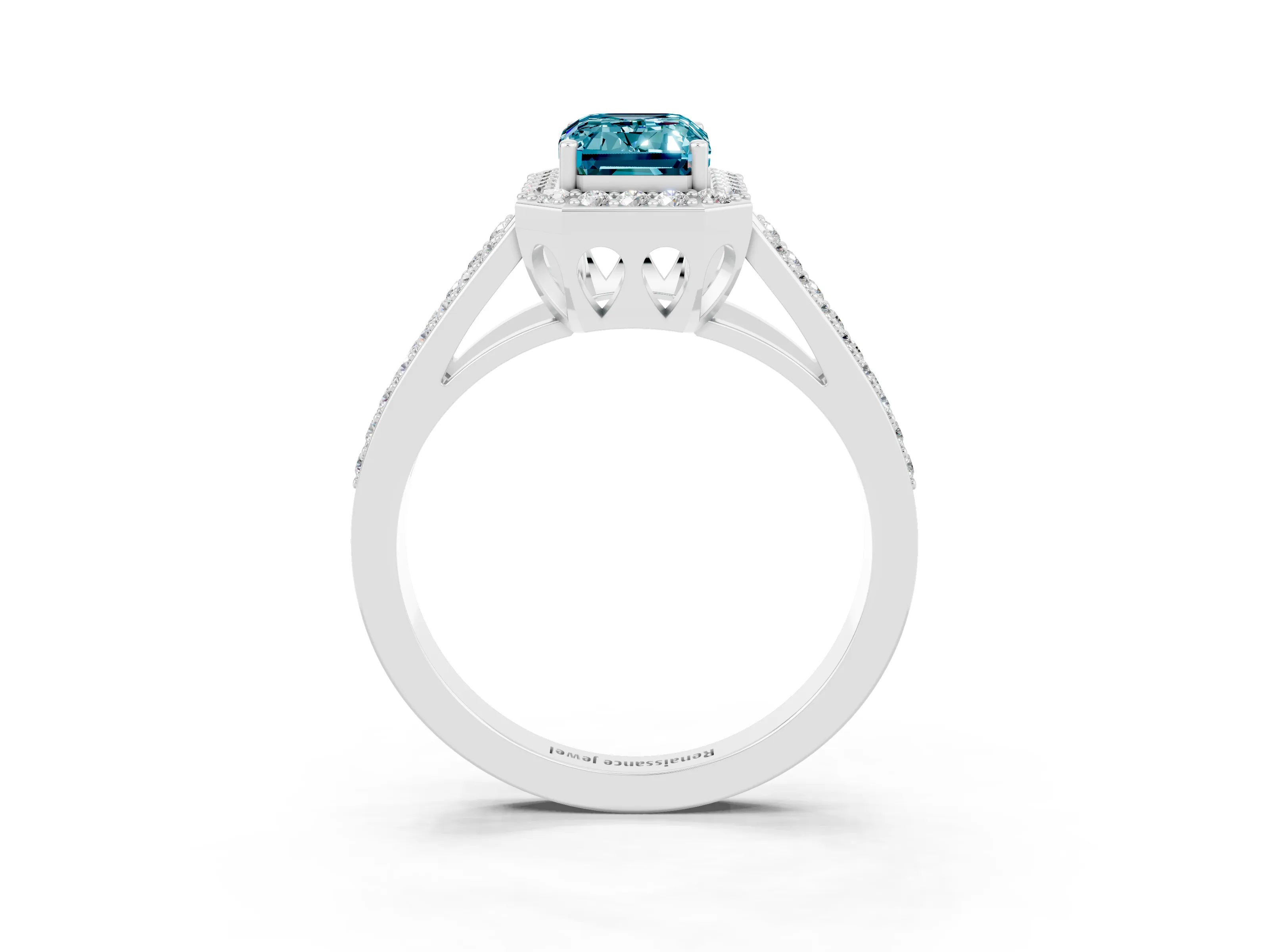 White gold Emerald Cut Blue Topaz Halo Ring with Split Shank U-Prong Band and Four-Prong Setting_3