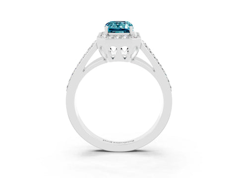 White gold Emerald Cut Blue Topaz Halo Ring with Split Shank U-Prong Band and Four-Prong Setting_3