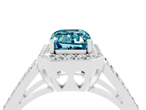 White gold Emerald Cut Blue Topaz Halo Ring with Split Shank U-Prong Band and Four-Prong Setting_4