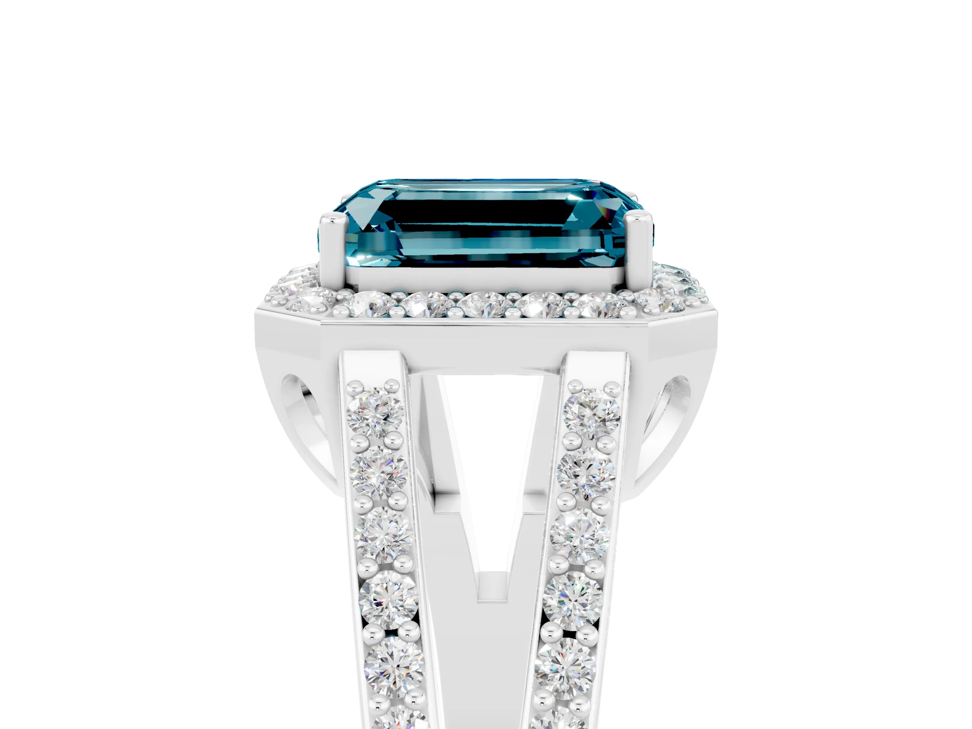 White gold Emerald Cut Blue Topaz Halo Ring with Split Shank U-Prong Band and Four-Prong Setting_5