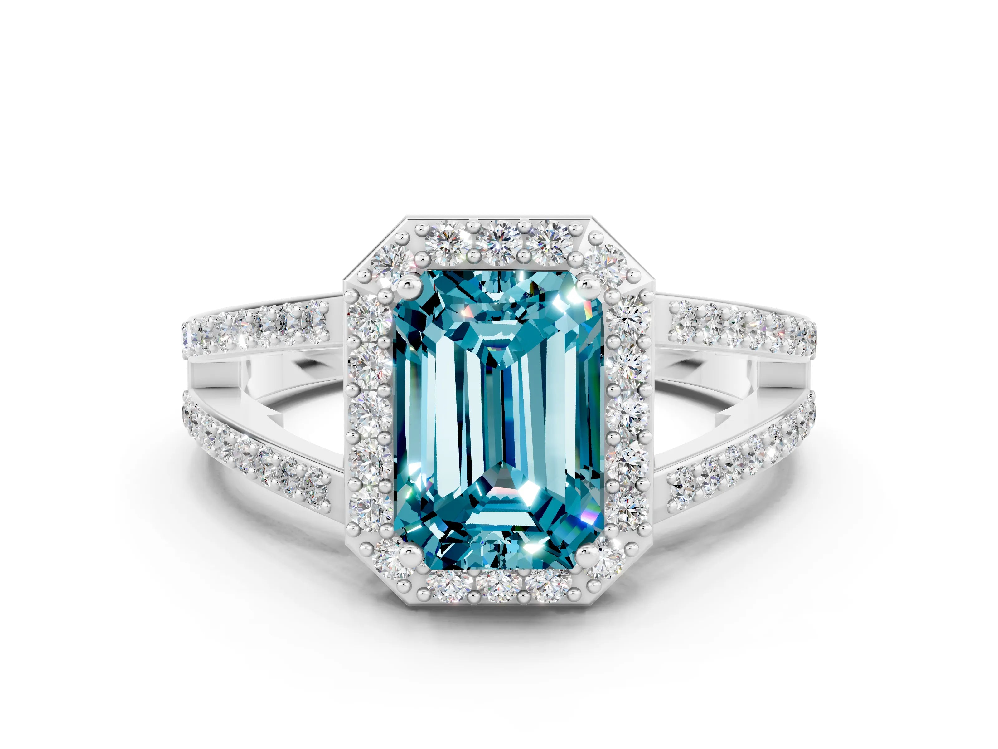 White gold Emerald Cut Blue Topaz Halo Ring with Split Shank U-Prong Band and Four-Prong Setting