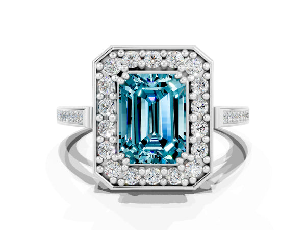 Platinum Emerald Cut Blue Topaz Halo Ring with Split Shank and Four-Prong Setting