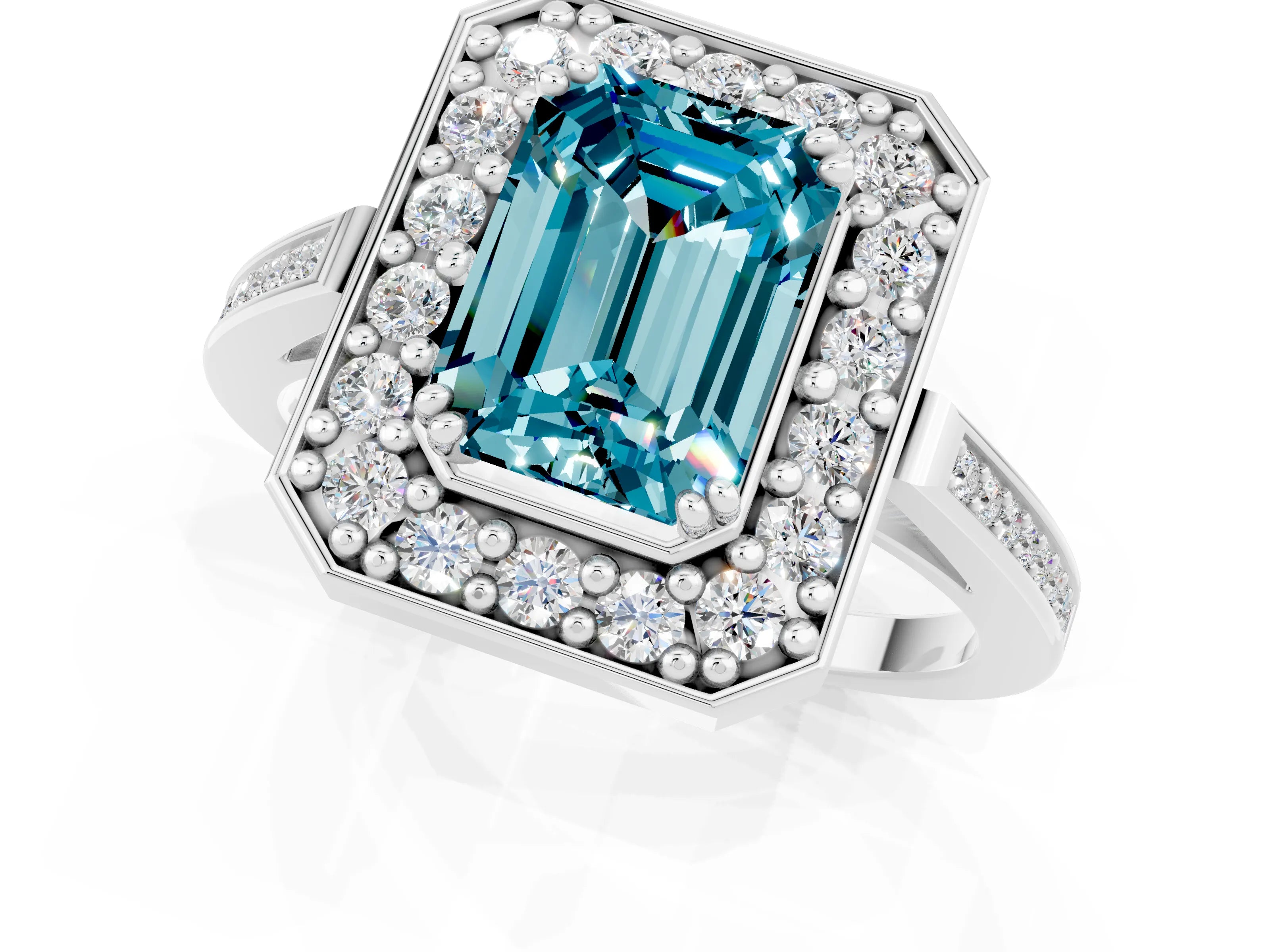 White gold Emerald Cut Blue Topaz Halo Ring with Split Shank and Four-Prong Setting_1