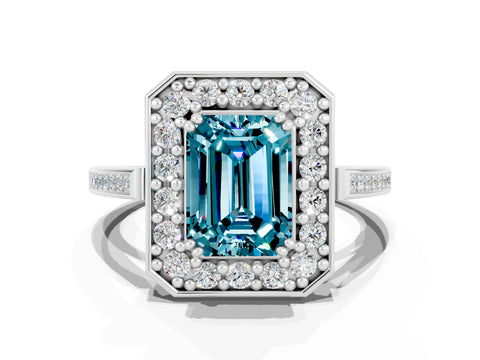 White gold Emerald Cut Blue Topaz Halo Ring with Split Shank and Four-Prong Setting_12