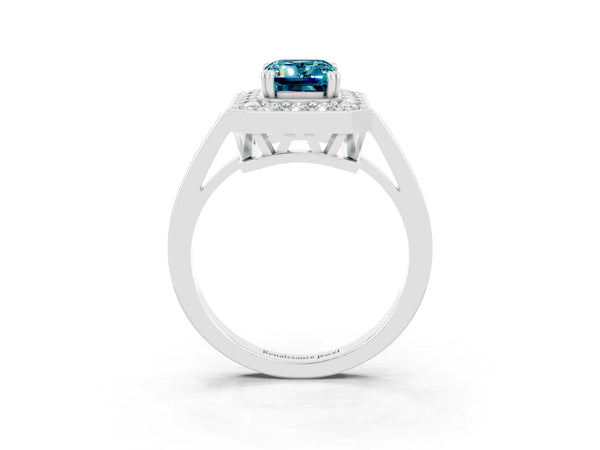 White gold Emerald Cut Blue Topaz Halo Ring with Split Shank and Four-Prong Setting