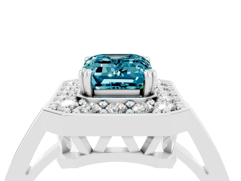 White gold Emerald Cut Blue Topaz Halo Ring with Split Shank and Four-Prong Setting_16