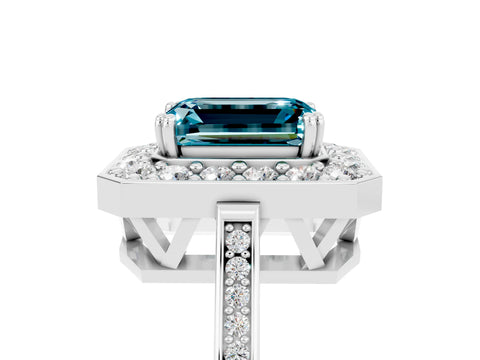 White gold Emerald Cut Blue Topaz Halo Ring with Split Shank and Four-Prong Setting_17