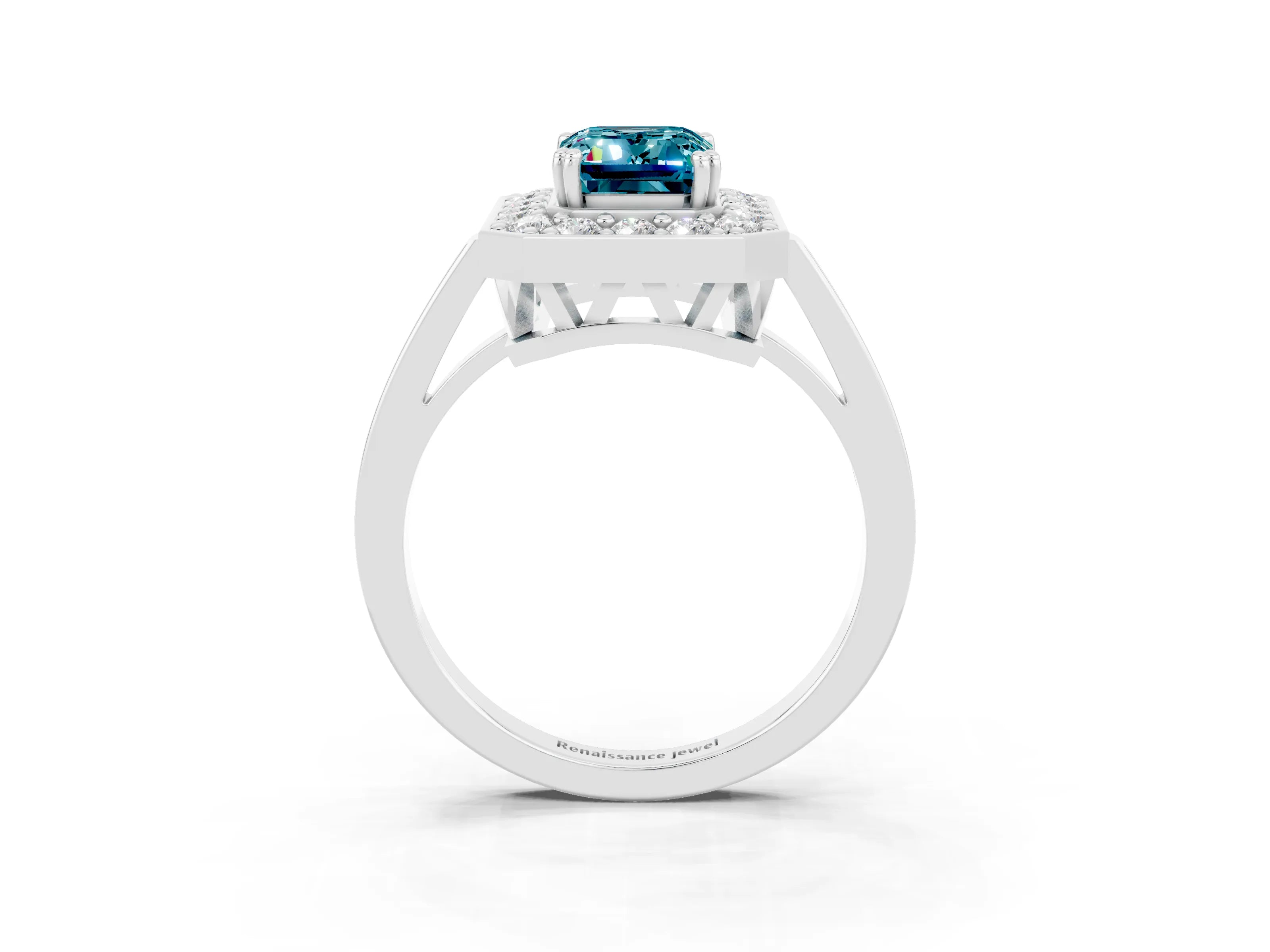 White gold Emerald Cut Blue Topaz Halo Ring with Split Shank and Four-Prong Setting_3
